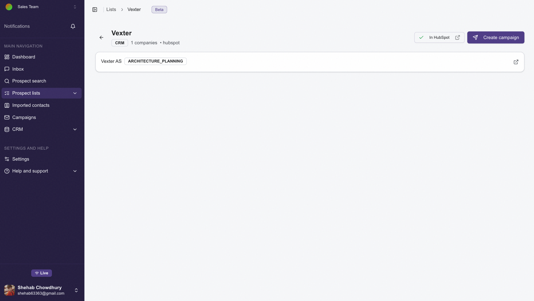 Push to HubSpot button on a Vexter prospect list — creates a static company list in HubSpot with the same members.